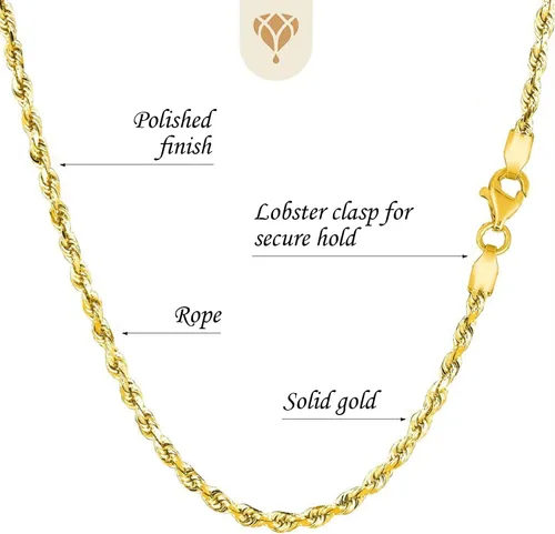 Vista 3 de 10K SOLID Yellow Gold 1.25mm-5.00mm Thick Shiny Diamond-Cut Mens Solid Rope Chain Necklace for Pendants and Charms and Bracelet with Lobster-Claw