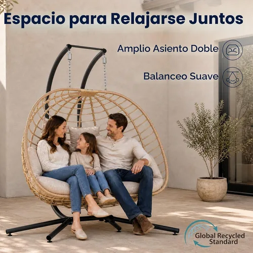 Vista 2 de SWITTE Silla doble colgante con forma de huevo con soporte, columpio de mimbre para exterior, 2 plazas, con cojín, para patio, dormitorio