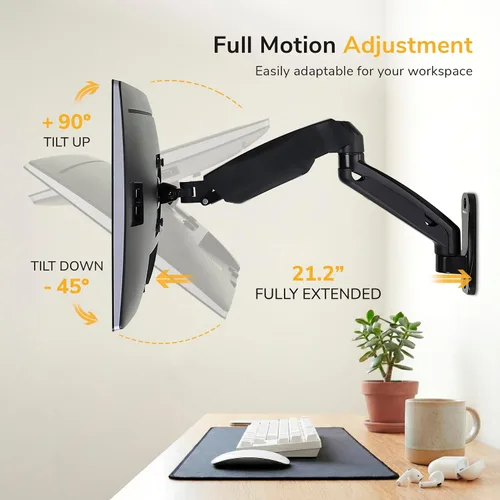 Vista 3 de Mount-It! Brazo de montaje de monitor en pared, resorte de gas de movimiento completo, se adapta a pantallas de 13–32" hasta 14.3 lbs, VESA 75x75