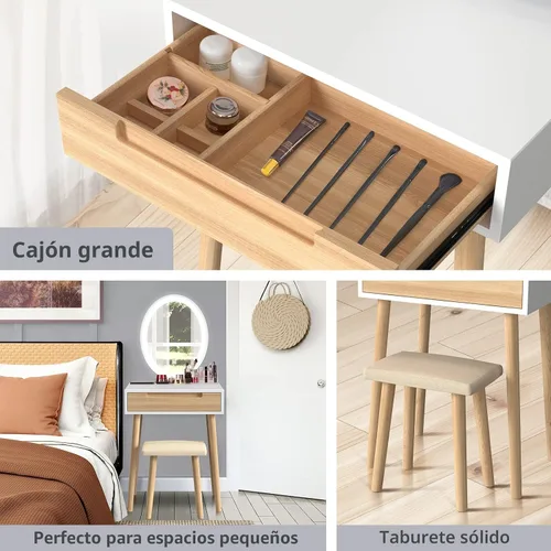 Vista 3 de Juego de mesa de maquillaje YOURLITE con espejo iluminado ajustable de 3 modos, taburete acolchado, mueble tocador para espacios pequeños Juego