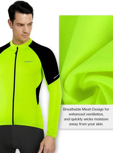 Vista 2 de BERGRISAR Camisetas básicas de ciclismo para hombre, manga larga, camisa de bicicleta con bolsillos con cremallera BG012
