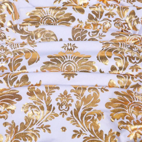 Vista 3 de Juego de 1 fundas decorativas para sillas de comedor, con estampado de flores doradas, extraíbles, lavables, de elastano, para fiestas, bodas Oro