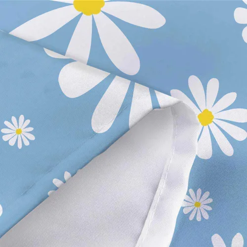 Vista 5 de Cortina de ducha con diseño floral de margaritas azules para caravana, remolque, baño, lindo juego de cortinas de ducha de tela estrecha y corta