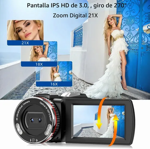 Vista 5 de Cámara de Video, Videocámara 4K, Cámara de 64MP 30FPS de Doble Lente con Micrófono Inalámbrico para Vlogging YouTube, Pantalla Ultra HD de 3