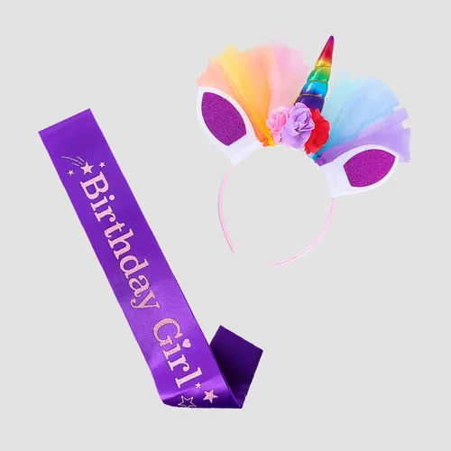 Vista 5 de Doctor Unicorn Conjunto de cumpleaños para niñas, vestido con falda de tutú, camiseta de unicornio, diadema y banda de satén