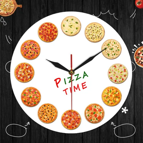 Vista 5 de The Geeky Days Diferentes gustos Pizza Time Reloj de pared de cuarzo silencioso moderno Italia sueños cocina decoración del hogar estilo napolitano