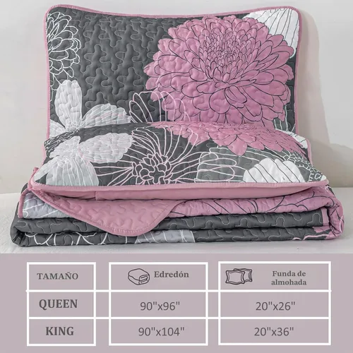 Vista 5 de Anibedding Juego de edredón floral gris y rosa, tamaño Queen, 3 piezas Gris/Rosa