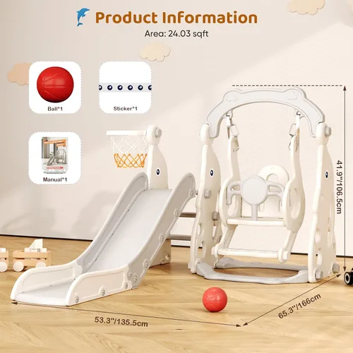 Vista 8 de Tobogán para Niños Pequeños, Conjunto de Juegos 4 en 1 para Niños Pequeños - Actualizado con Tobogán para Niños, Columpio, Aro de Baloncesto