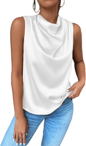 Vista 4 de Avanova Blusas de satén sin mangas para mujer, estilo casual, cuello drapeado y fruncido en la parte delantera