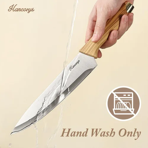 Vista 5 de Juego de cuchillos de cocina con afilador, juego de cuchillos de acero inoxidable alemán dorado con bloque y mango ergonómico de grano de madera