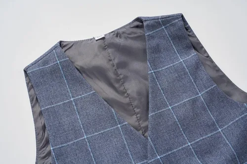 Vista 7 de Conjunto de trajes para niños, chaqueta a cuadros, chaleco, pantalones de un solo pecho, chaqueta formal para boda, fiesta, baile de graduación