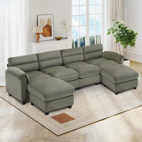 Vista 11 de HAOMARKETS Sofá esquinero modular en forma de L de 115 pulgadas con 2 otomanas móviles, sofás de pana de 8 plazas con cojín grueso para sala de Beige