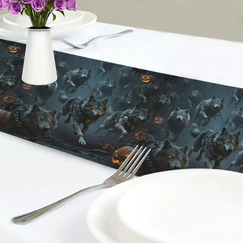 Vista 6 de Halloween Pumpkin and Wolf Decorative Table Runner Boho, 13x70inches, Table Decorations Reusable Dining Room Table decoracion para mesa de Centro