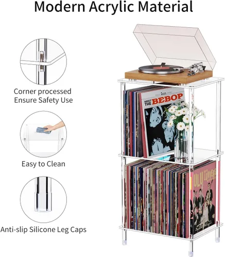 Vista 4 de Soporte acrílico para tocadiscos, mesa giratoria transparente de 3 niveles con almacenamiento de discos de vinilo, 15.75 pulgadas de largo x 11.81