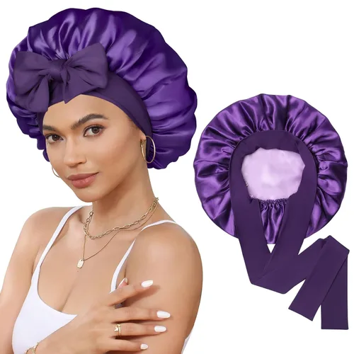 Vista 19 de Gorro de satén de seda para dormir, gorro de seda de doble capa con banda elástica para cabello rizado