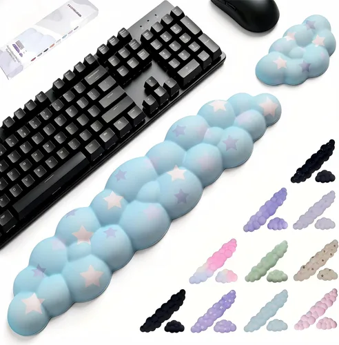 Vista 11 de Cloud - Juego de reposamuñecas para teclado y mouse, incluye un bonito posavasos, con computadoras y portátiles (juego de estrellas negras)