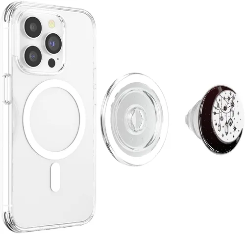 Vista 3 de Luna creciente con estrellas con cristales de bruja - PopSockets en blanco y negro PopGrip: agarre intercambiable para teléfonos y tabletas