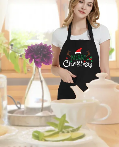 Vista 2 de Divertido delantal de Navidad para mujeres y hombres con 2 bolsillos, delantales de cocina de Navidad, regalo para panaderos, mamá, papá, esposa
