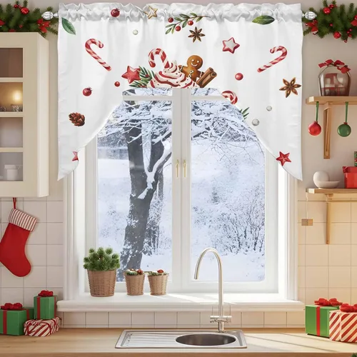 Vista 3 de Feliz Navidad, cenefa con cenefa con dobladillo para barra, paneles de cortina para dormitorio, sala de estar, baño, cafetería, ventanas, flores