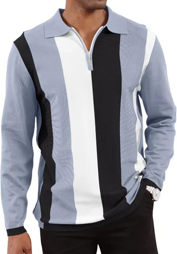 Vista 11 de Camisas polo de moda para hombre, camisas de punto vintage a rayas, camisas de golf casuales ajustadas