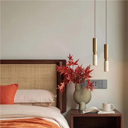 Vista 3 de Industrial Gold Iron Hanging Lamp Simple Long Tube Pendant Lights Japanese Wabi-Sabi 3000K Warm Light Yellow Travertine Chandelier for Living Room