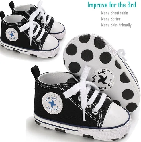 Vista 2 de Zapatos de lona para bebés recién nacidos, suela suave, para los primeros pasos, zapatos planos para niños pequeños, zapatos de mezclilla unisex