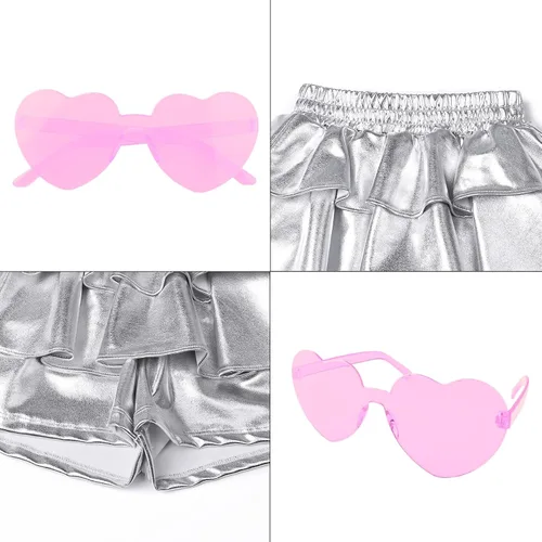 Vista 7 de Pantalones cortos metálicos plisados para niñas, con volantes brillantes, para patinadora, danza, cintura elástica, pantalones con gafas de sol