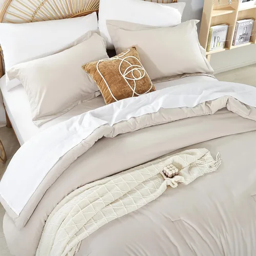 Vista 7 de weigelia Juego de edredón individual de 5 piezas beige en una bolsa, suave juego de ropa de cama Queen ligero para mujeres y hombres