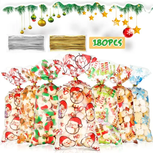 Vista 2 de Blulu 180 bolsas de fiesta de Navidad, bolsas de plástico de celofán de Papá Noel con 200 lazos dorados y plateados para vacaciones, fiestas