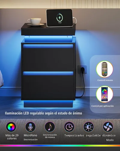 Vista 4 de WLIVE Mesita de noche negra con estación de carga y luces LED, mesita de noche con 2 cajones de madera y parte superior deslizante, mesa auxiliar