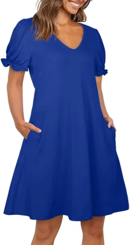 Vista 3 de Aloodor Vestido casual de manga corta con cuello en V y bolsillos para mujer