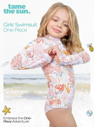 Vista 2 de Tame the Sun Traje de baño de manga larga para niñas, traje de baño de una pieza con protección contra erupciones, UPF 50+ con cremallera para niñas
