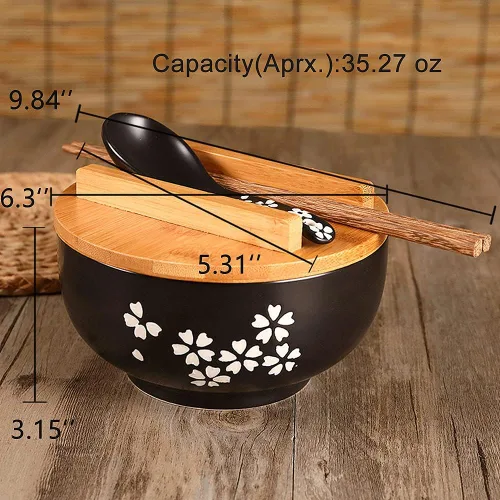 Vista 2 de WHJY Cuenco de cerámica negro con tapa, cuchara, palillos para sopa, arroz, fideos. Vajilla de estilo tradicional japonés.