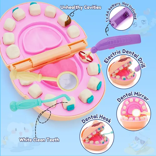 Vista 2 de Crelloci Juego de masa de color para dentista, kit de herramientas dentales con taladro y relleno, juguetes de juego de rol médico DIY para niños