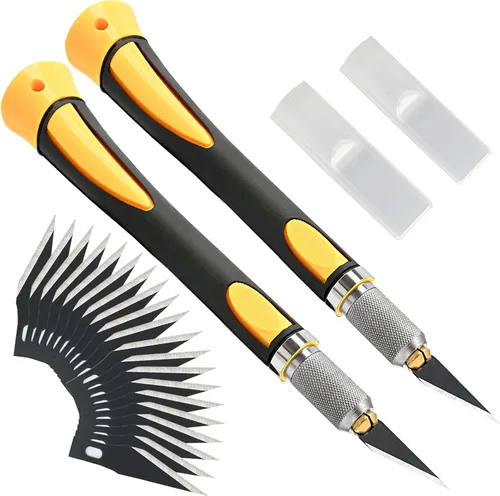 Vista 8 de FOSHIO Juego de 2 cuchillos de precisión para manualidades con 20 cuchillas de repuesto, mango ergonómico antideslizante con cubierta protectora