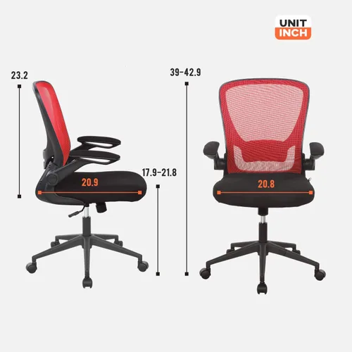 Vista 3 de Silla ergonómica de malla para oficina, con respaldo lumbar, giratoria, con ruedas, ejecutiva, con brazos y respaldo medio ajustable, para Rojo