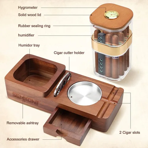 Vista 2 de Set de humidificador de puros y cenicero SEMKONT, bandeja de madera con frasco humidificador de acrílico, soporte para cortador, cajón, ranura