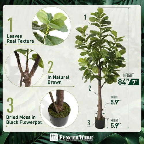 Vista 2 de Fencer Wire Árbol de higuera artificial de hoja de violín, 6/7 pies en maceta con musgo seco, para casa, oficina, tienda, árbol sintético de ficus