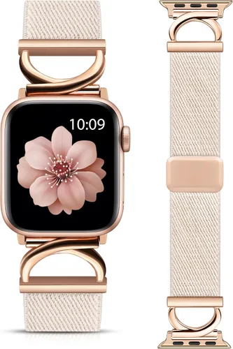 Vista 12 de Minyee Correa magnética elástica compatible con Apple Watch Band de 38/40/41/42/44/45/46/1.929 in para mujer, correa de metal en forma de C