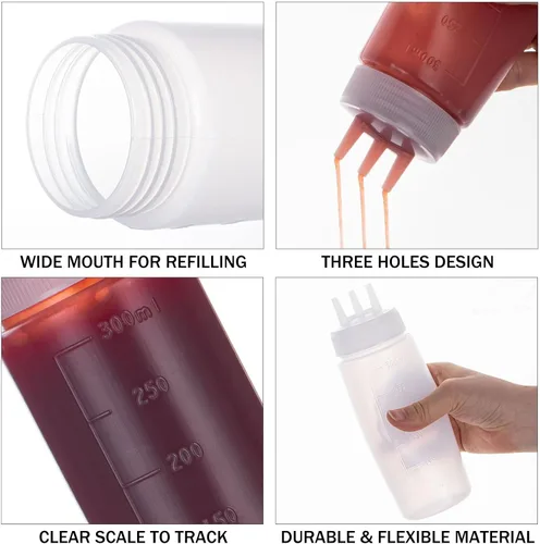 Vista 3 de Botella exprimible de 3 agujeros para salsas, botellas de condimento de plástico exprimibles para dispensadores de salsa de tomate para salsa