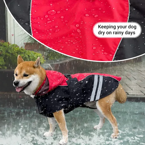 Vista 4 de Impermeable para perros medianos, grandes y extragrandes, chaqueta impermeable con correa reflectante, sudadera ligera, cobertura de cuerpo Rojo