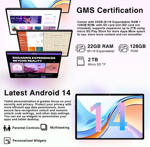 Vista 3 de Tablet Android 14 de 10.1 pulgadas, 8000 mAh, con batería de 22 GB de RAM, 128 GB de ROM de 2 TB, pantalla táctil Octa-Core HD con teclado, ratón