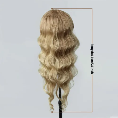Vista 5 de Peluca rubia con flequillo de 26 pulgadas de largo, rizada, ondulada para mujer, pelucas rubias degradadas con flequillo, aspecto natural, pelucas