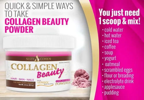 Vista 4 de Collagen Beauty Powder por Suzy Cohen (3.3 oz) Proteína hidrolizada antienvejecimiento en polvo de colágeno tipo I y III para piel flexible, cabello