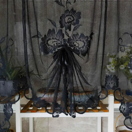 Vista 4 de Cenefa de cortina de encaje transparente con bordado floral negro, estilo princesa, estilo princesa, cenefa de cortina bordada en cascada