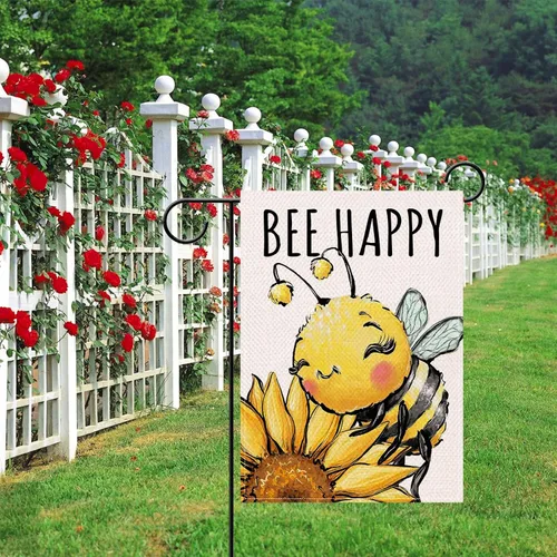 Vista 6 de Artofy Bandera decorativa pequeña para jardín de primavera y verano con diseño de abejorros y girasoles, flor feliz de abeja, decoración exterior
