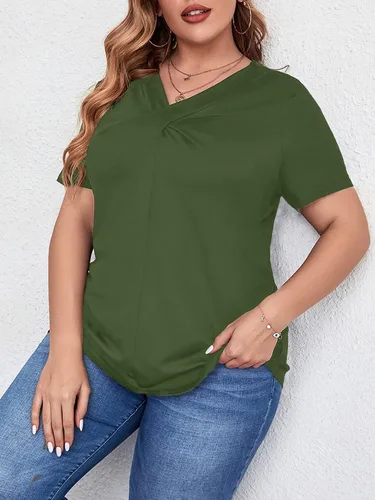 Vista 2 de Camiseta de talla grande para mujer, con hombros descubiertos, manga corta, cuello redondo, casual, de verano, con nudo torcido, talla XL - 4XL