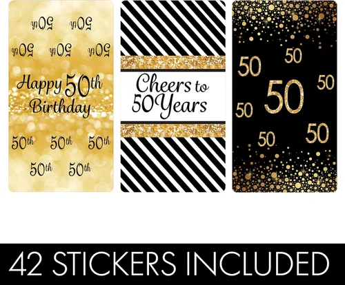 Vista 5 de Mini envoltorios de barra de caramelo para fiesta de cumpleaños número 50, color negro y dorado, 45 calcomanías 2.5" x 1.25" Stickers, Fits