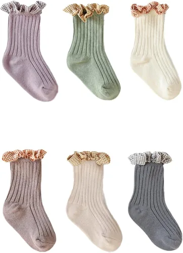 Vista 2 de TIBE PINCESS Calcetines de tobillo vintage con volantes para bebés y niñas, calcetines de encaje acanalados a cuadros para vestir
