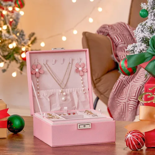 Vista 2 de BEWISHOME Joyero para niñas y mujeres, caja organizadora de joyas, regalos del día de San Valentín para mujeres y mujeres, caja de almacenamiento